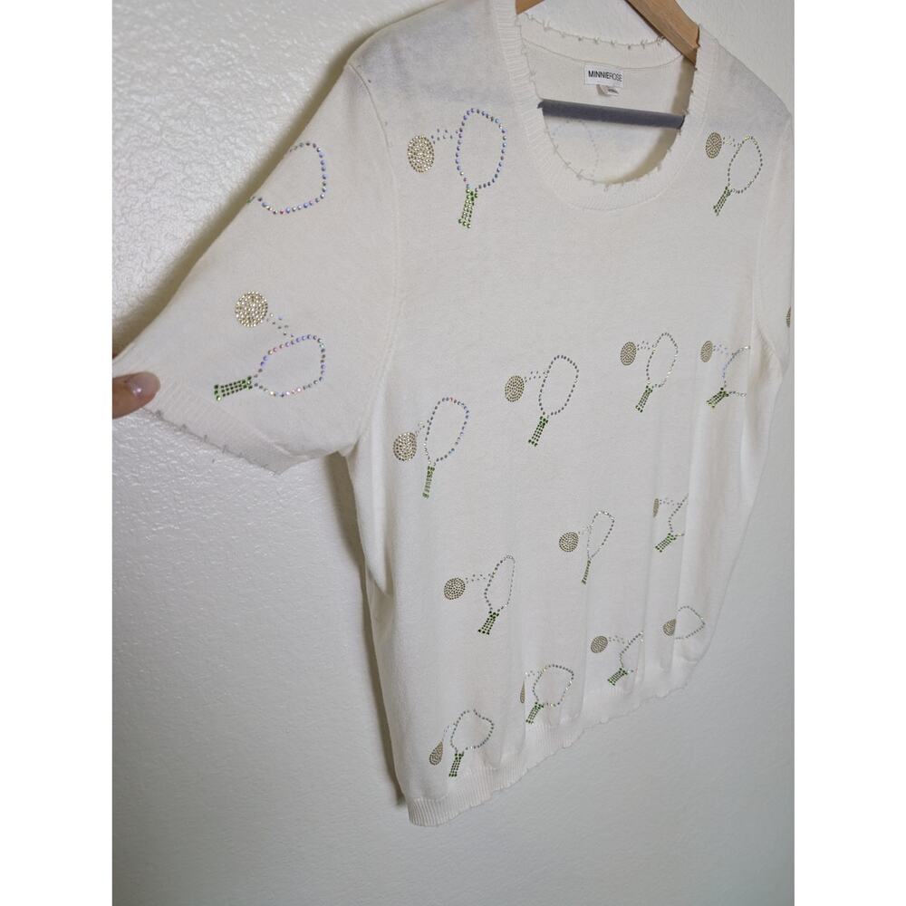 Minnie Rose Cashmere Blend Pickleball White Sweater Shirt Women L Preppy Sporty - Picture 6 of 10
